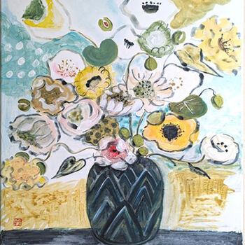 Painting titled "fleurs au vase art…" by Ayako Guerin, Original Artwork, Acrylic Mounted on Wood Stretcher frame