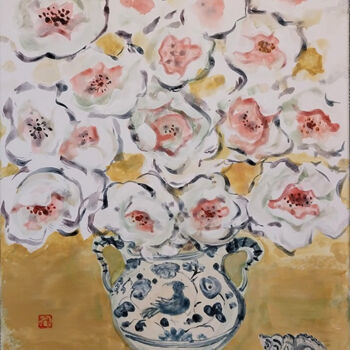 Картина под названием "Fleur blanche fond…" - Ayako Guerin, Подлинное произведение искусства, Акрил Установлен на Деревянная…