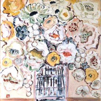 Painting titled "bouquet de fleurs a…" by Ayako Guerin, Original Artwork, Acrylic Mounted on Wood Stretcher frame