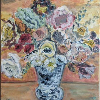 Painting titled "fleurs au vase asia…" by Ayako Guerin, Original Artwork, Acrylic Mounted on Wood Stretcher frame