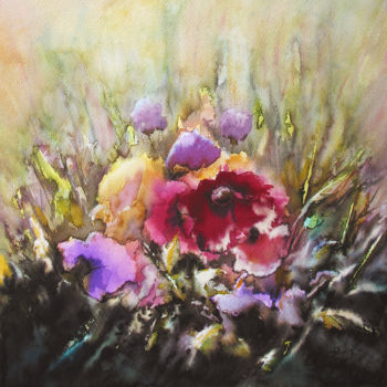 Painting titled "Purple flowers" by Aydin Baykara, Original Artwork, Watercolor