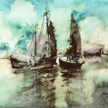 Malerei mit dem Titel "Sail boats" von Aydin Baykara, Original-Kunstwerk, Aquarell