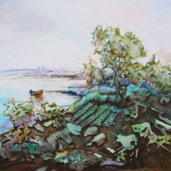 Painting titled "Near the shore" by Aydin Baykara, Original Artwork, Watercolor