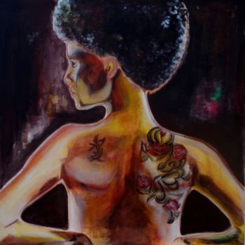 Painting titled "Tattoo" by Marie Ayissi, Original Artwork, Acrylic Mounted on Wood Stretcher frame