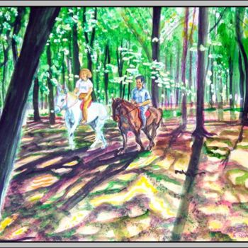 Картина под названием "Cavaliers en forêt" - Aymeric Noa Artiste Peintre, Подлинное произведение искусства, Масло