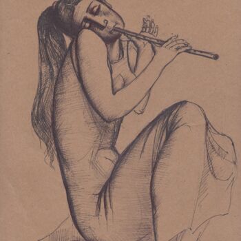 Drawing titled "Flute playing-2" by Azeriman, Original Artwork, Gel pen