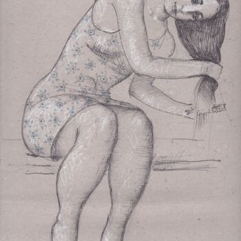 Dessin intitulée "Girl with a comb" par Azeriman, Œuvre d'art originale, Stylo gel