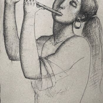 Dibujo titulada "Playing the flute" por Azeriman, Obra de arte original, Tinta