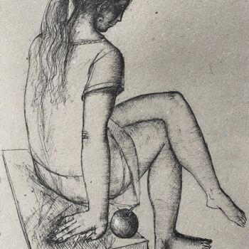 Drawing titled "Girl with an apple-5" by Azeriman, Original Artwork, Ballpoint pen