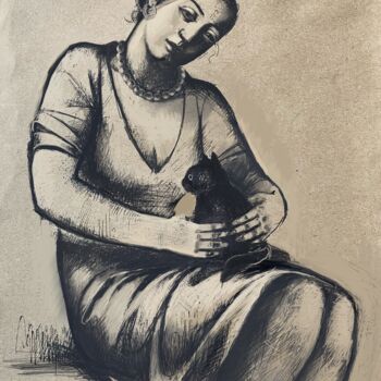 Drawing titled "Girl with a cat-3" by Azeriman, Original Artwork, Gel pen