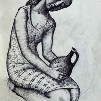 Drawing titled "Girl with a jug" by Azeriman, Original Artwork, Ink