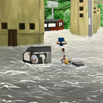 Painting titled "Inondation Urbaine" by Aziza Siankam, Original Artwork, Acrylic