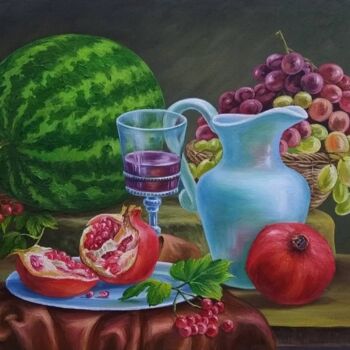 Painting titled "натюрморт из фруктов" by Azizbek, Original Artwork, Oil Mounted on Wood Stretcher frame