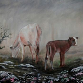 Peinture intitulée "la vache et son pet…" par Brahem Azouani, Œuvre d'art originale