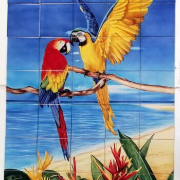 Painting titled "Papagaios pintados…" by Azulejo Artístico, Original Artwork, Pigments