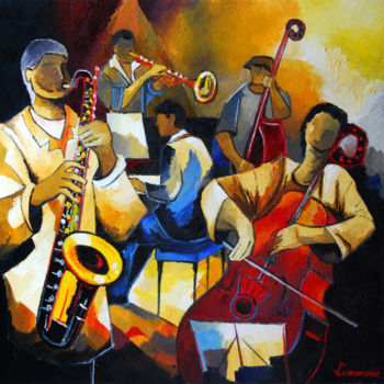 Schilderij getiteld "Jazz 9" door Bernard Lamonerie, Origineel Kunstwerk, Olie Gemonteerd op Frame voor houten brancard