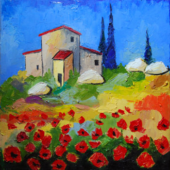 Painting titled "Les coquelicots 2" by Bernard Lamonerie, Original Artwork, Oil Mounted on Wood Stretcher frame