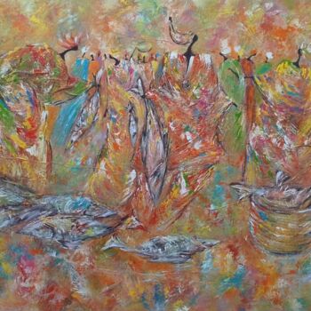 Painting titled "Bonne pêche" by Babacar Niang, Original Artwork, Acrylic Mounted on Wood Stretcher frame