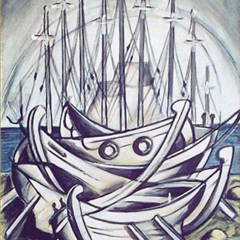Schilderij getiteld "Boat gray" door Koiliar Is, Origineel Kunstwerk, Olie
