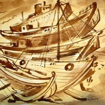 Drawing titled "sepiaBoat2" by Koiliar Is, Original Artwork