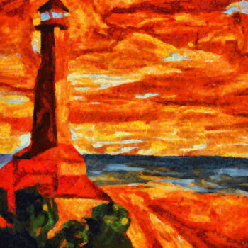 Digital Arts titled "Lighthouse at sunset" by Bachir Reddioui, Original Artwork, Digital Painting