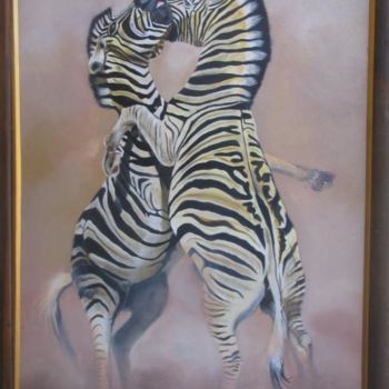 Painting titled "Fighting zebra's" by Fiona Mason, Original Artwork