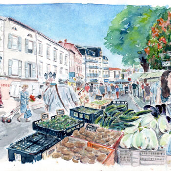 Painting titled "Le marché de Mazamet" by Baf, Original Artwork, Watercolor