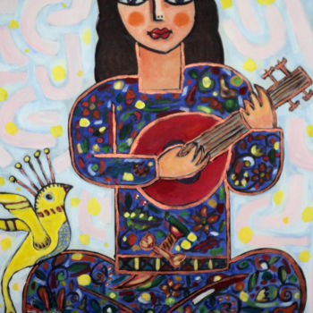 Painting titled "Girl and bird" by Bahador, Original Artwork, Acrylic