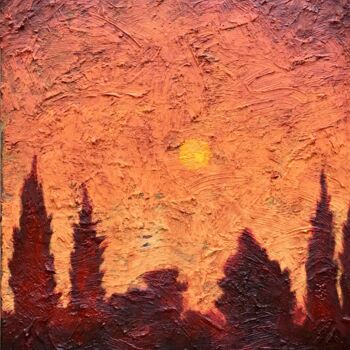 Painting titled "Red sunset" by Bahram Berj Kafai, Original Artwork, Oil Mounted on Wood Stretcher frame
