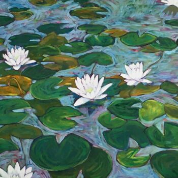 Painting titled "Water Lillies" by Bahram Berj Kafai, Original Artwork, Oil Mounted on Wood Stretcher frame