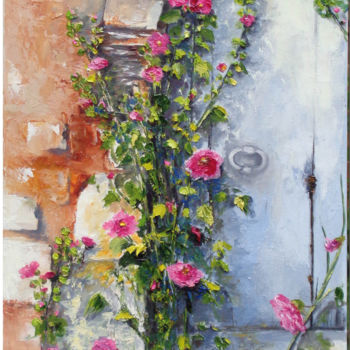 Peinture intitulée "rose-tremière" par Baia Pontier, Œuvre d'art originale, Huile