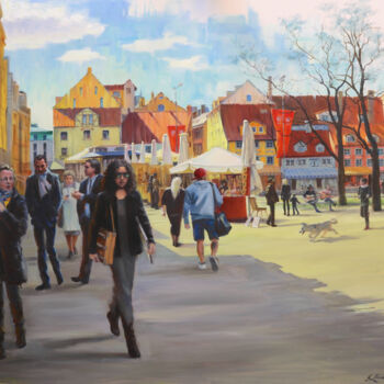 Schilderij getiteld "Livu square in Riga…" door Baiba Limane, Origineel Kunstwerk, Olie