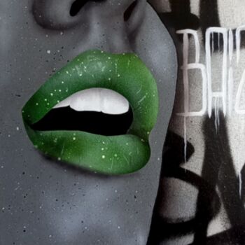 Картина под названием "Green lips" - Baiz Bass, Подлинное произведение искусства, Акрил Установлен на Деревянная рама для но…