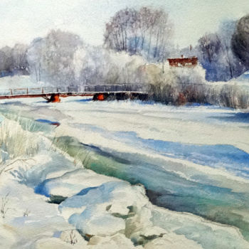 Malarstwo zatytułowany „Зима на реке Олекте…” autorstwa Valerij Makovoj, Oryginalna praca, Akwarela