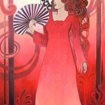 Pintura intitulada "Red Art Nouveau God…" por Emily Balivet, Obras de arte originais, Óleo