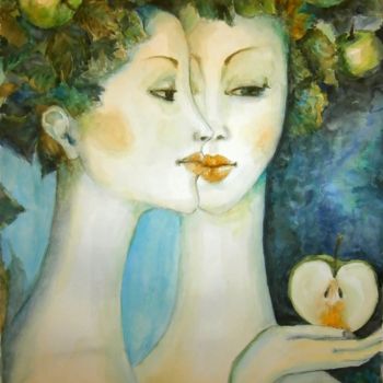 Painting titled "Девушки с яблоками" by Tatyana Chuprina, Original Artwork, Watercolor