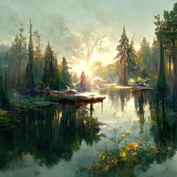 Digital Arts titled "A serene lake" by Bank3io, Original Artwork, Digital Painting