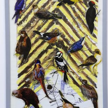 제목이 "Birds"인 콜라주 Baptiste Vanweydeveldt로, 원작, 구아슈 목재 패널에 장착됨