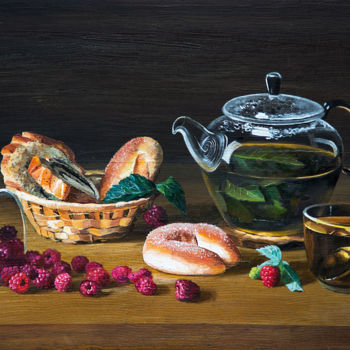 Pintura intitulada "Малиновый чай" por Maria Gudzenco, Obras de arte originais, Óleo