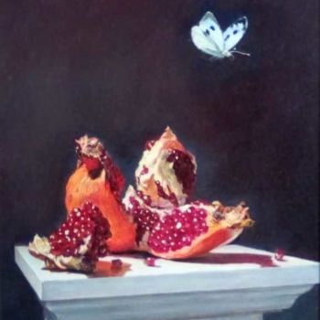 Painting titled "Гранаты и бабочка" by Galina Baranova, Original Artwork, Oil