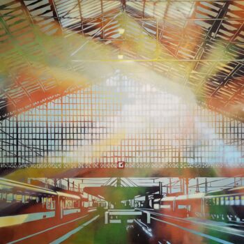 Картина под названием "Waiting for a train…" - Zsombor Barakonyi, Подлинное произведение искусства, Акрил Установлен на Дере…