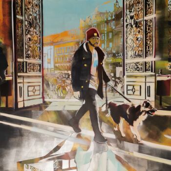 Pittura intitolato "A walk with the dog" da Zsombor Barakonyi, Opera d'arte originale, Acrilico Montato su Pannello di legno