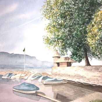 Malerei mit dem Titel "Lac en Sommeil (La…" von Barbara B., Original-Kunstwerk, Aquarell Auf Karton montiert