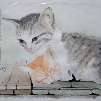 Painting titled "Schlummernde Katzen" by Barbara Dominé, Original Artwork, Watercolor