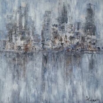 Painting titled "Foggy City" by Barbara Kizer, Original Artwork, Acrylic Mounted on Wood Stretcher frame
