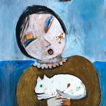 Painting titled "Fille au chat blanc" by Barbara Morin, Original Artwork, Acrylic