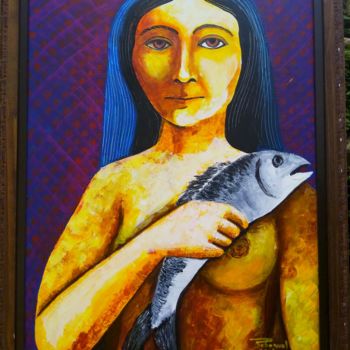 Painting titled "Mulher com peixe" by Roberval Fernandes, Original Artwork, Acrylic