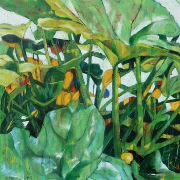 Painting titled "Green Boudha" by Barbara Piatti, Original Artwork, Oil