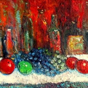 Painting titled "Green apple, Grüner…" by Barbara Przyborowska, Original Artwork, Oil Mounted on Wood Stretcher frame