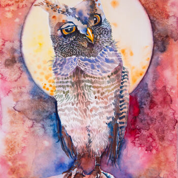 Schilderij getiteld "Sleepy eagle owl on…" door Barbara Orsolini, Origineel Kunstwerk, Aquarel